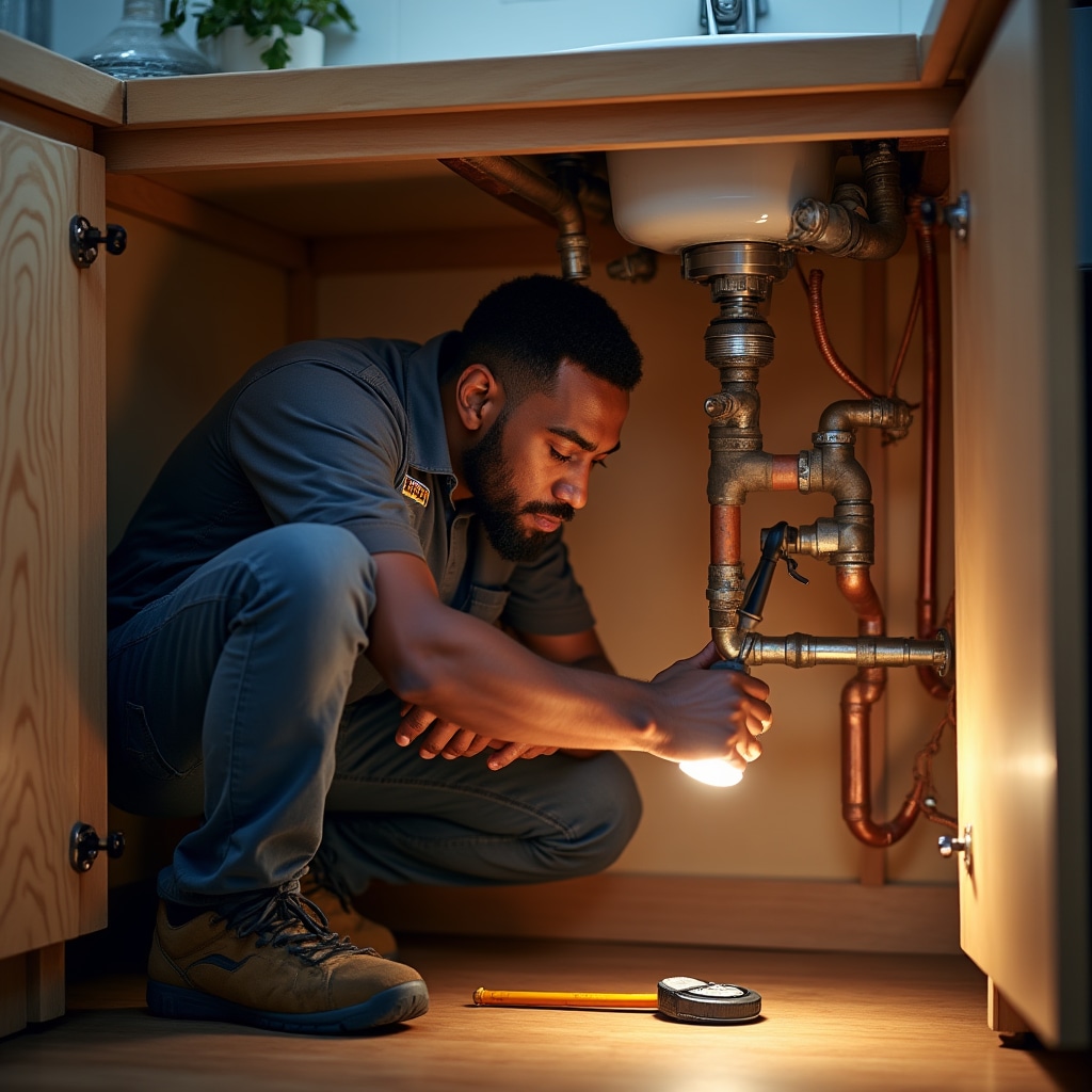 Plumbing inspector examining water supply lines and drainage systems